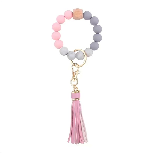 Bohemian Tassel & Beaded Silicone Keychain- Pink & Gray - Picture 2 of 2